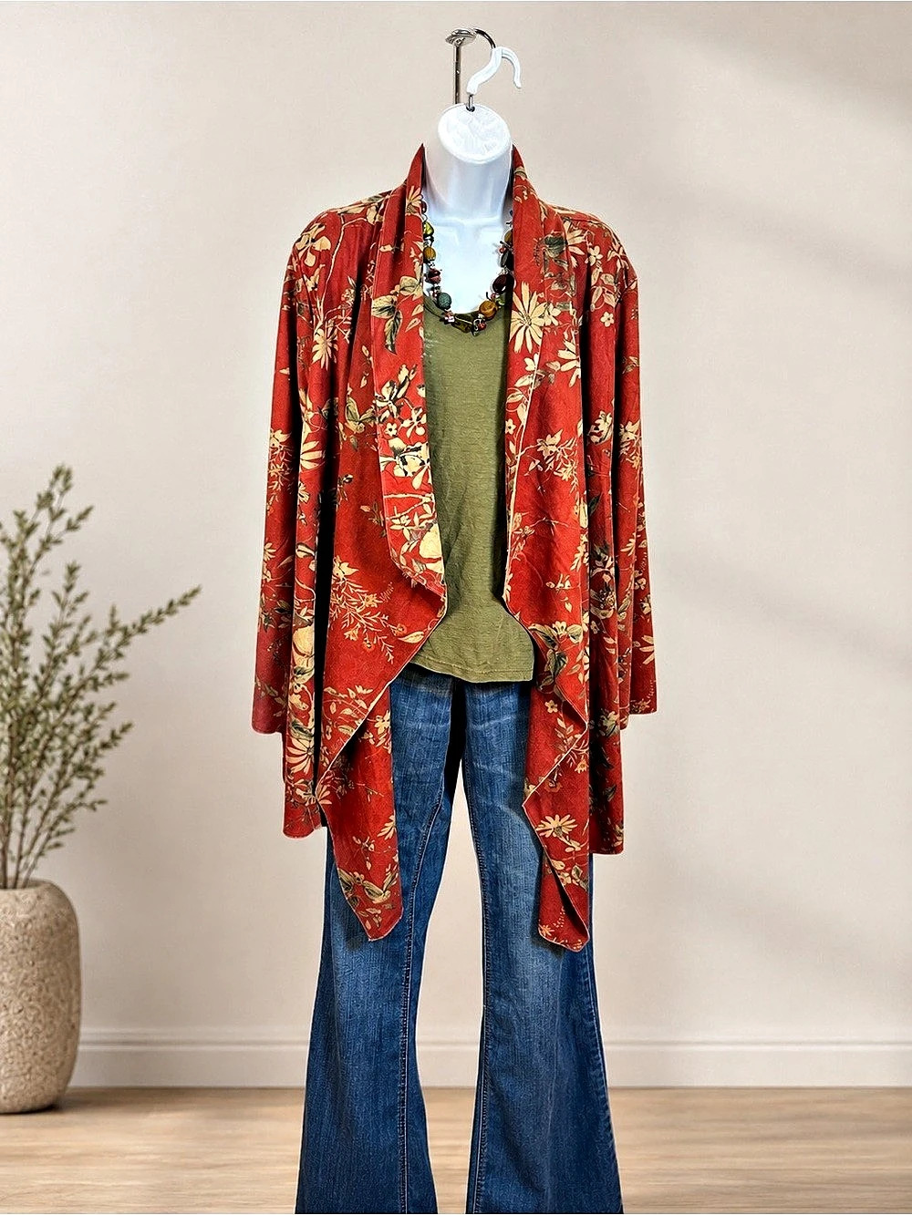 Soft Surroundings 1X Red Floral Waterfall Cardigan Boho Open Front Duster